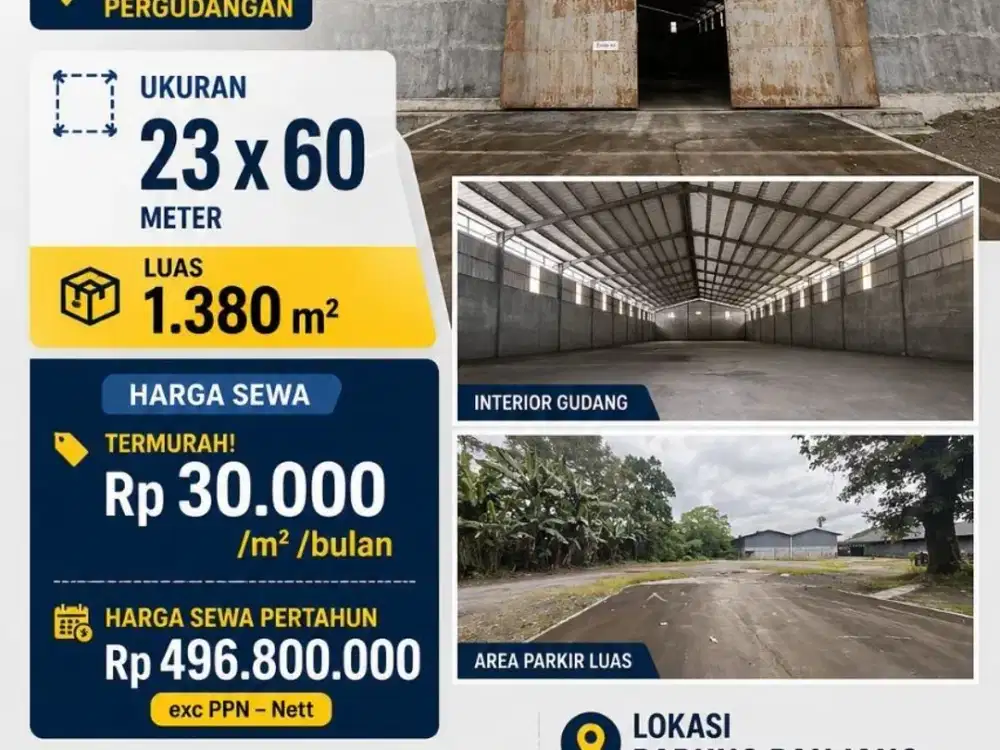 DISEWAKAN GUDANG 1300M2 AKSES KONTAINER 40FT 15 MENIT KE JALAN RAYA LEGOK