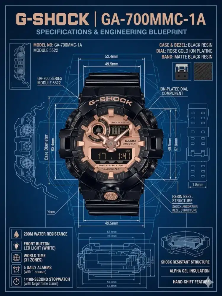 Casio G-Shock GA-700MMC-1ADR black gold mewah