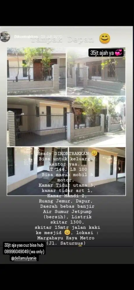 Rumah Nyaman Siap Huni – Margahayu Raya Metro,Cocok Keluarga/Kantor