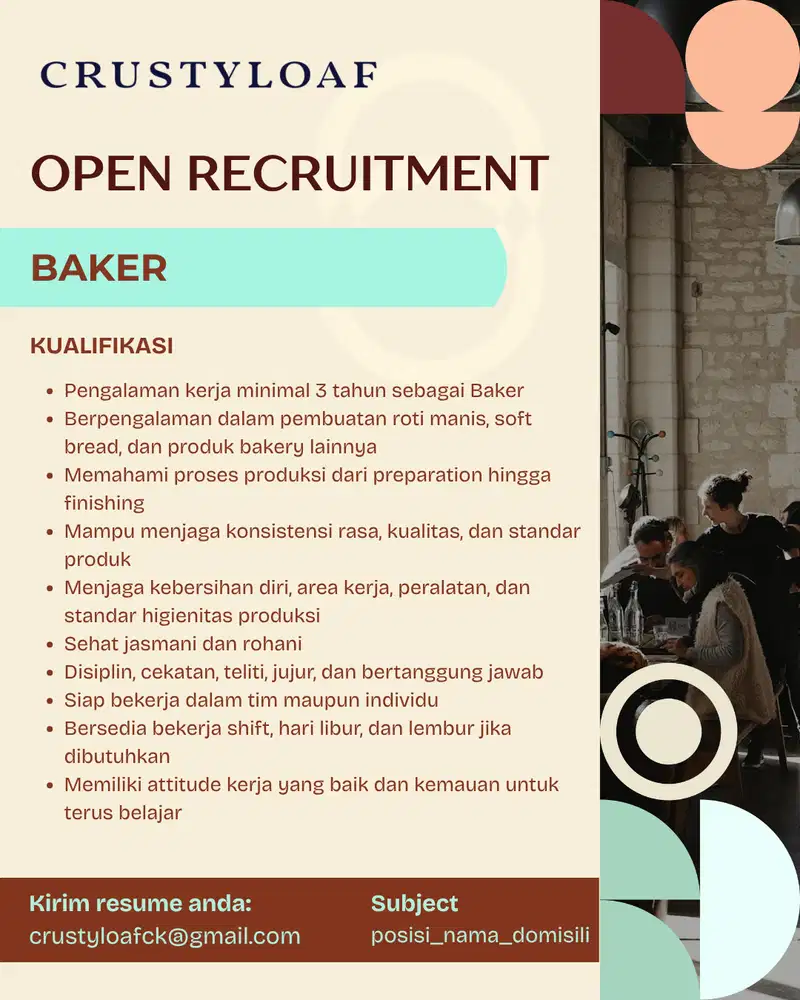 LOWONGAN KERJA – BAKER (Min. Pengalaman 3 Tahun)
