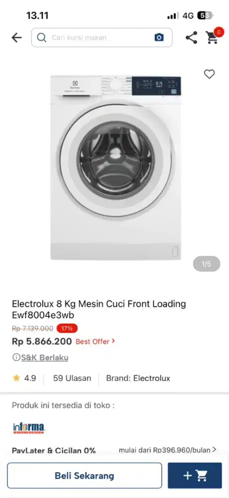 Mesin cuci front loading 8kg Electrolux