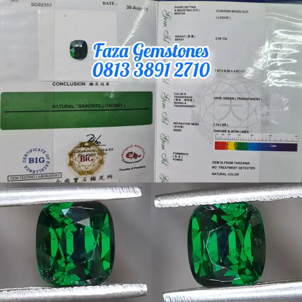 HQ Vivid Green Tsavorite garnet, 2.08ct, Sertifikat BIG Lab th 2016