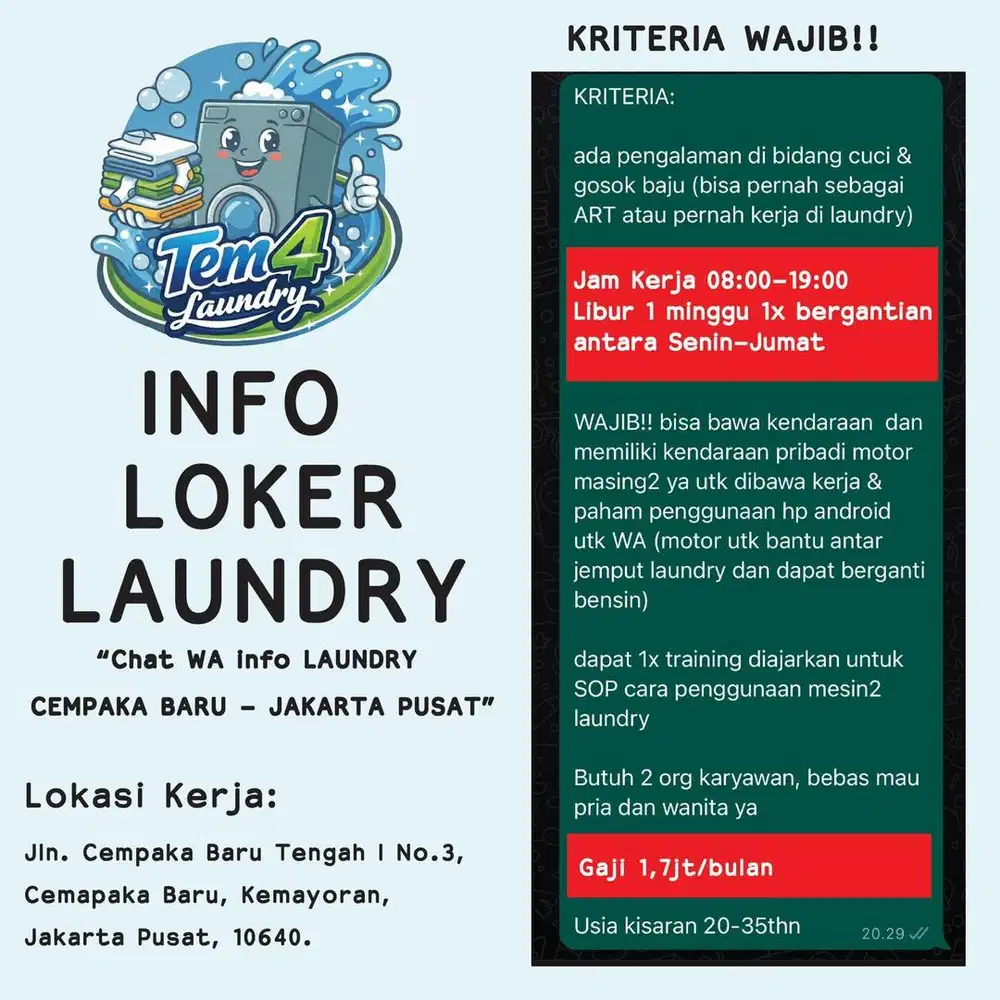 Lowongan Kerja Laundry Kiloan Jakarta Pusat