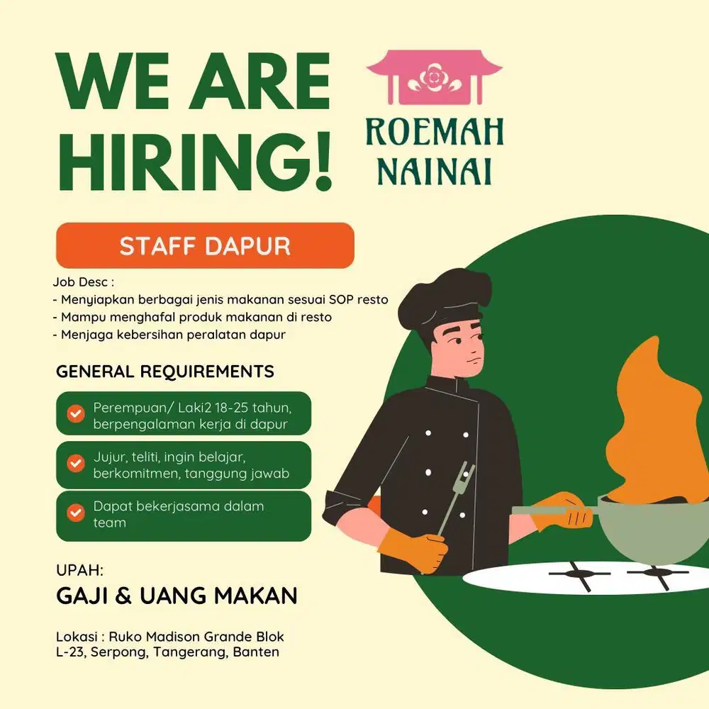 LOWONGAN KERJA UNTUK COOK KITCHEN STAFF DAPUR (DIUTAMAKAN BISA WOK)