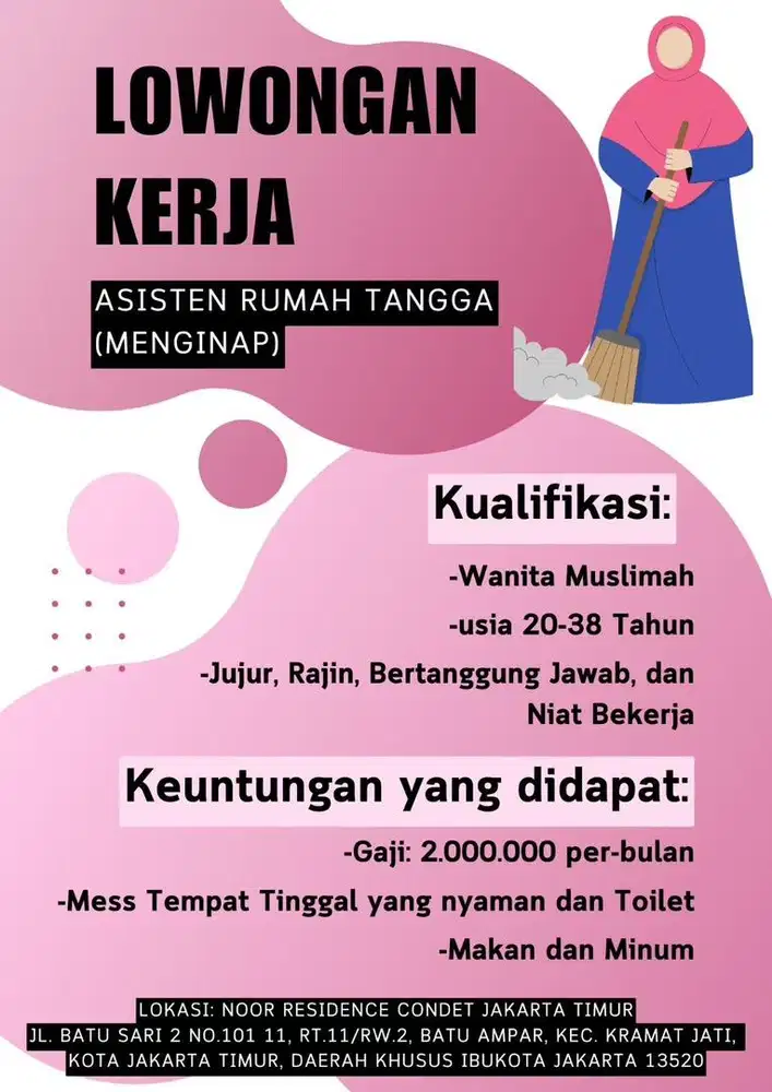 Lowongan Asisten Rumah Tangga (Menginap)