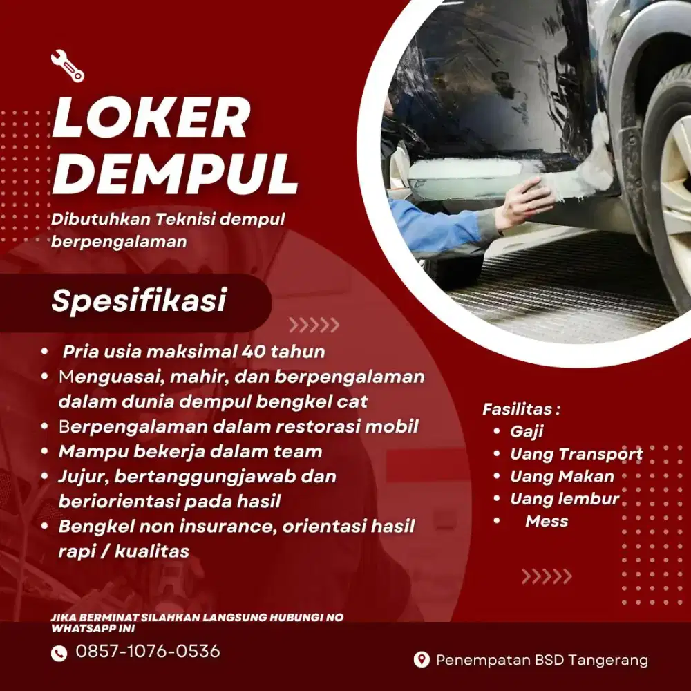 Lowongan teknisi dempul dan poles bengkel cat mobil