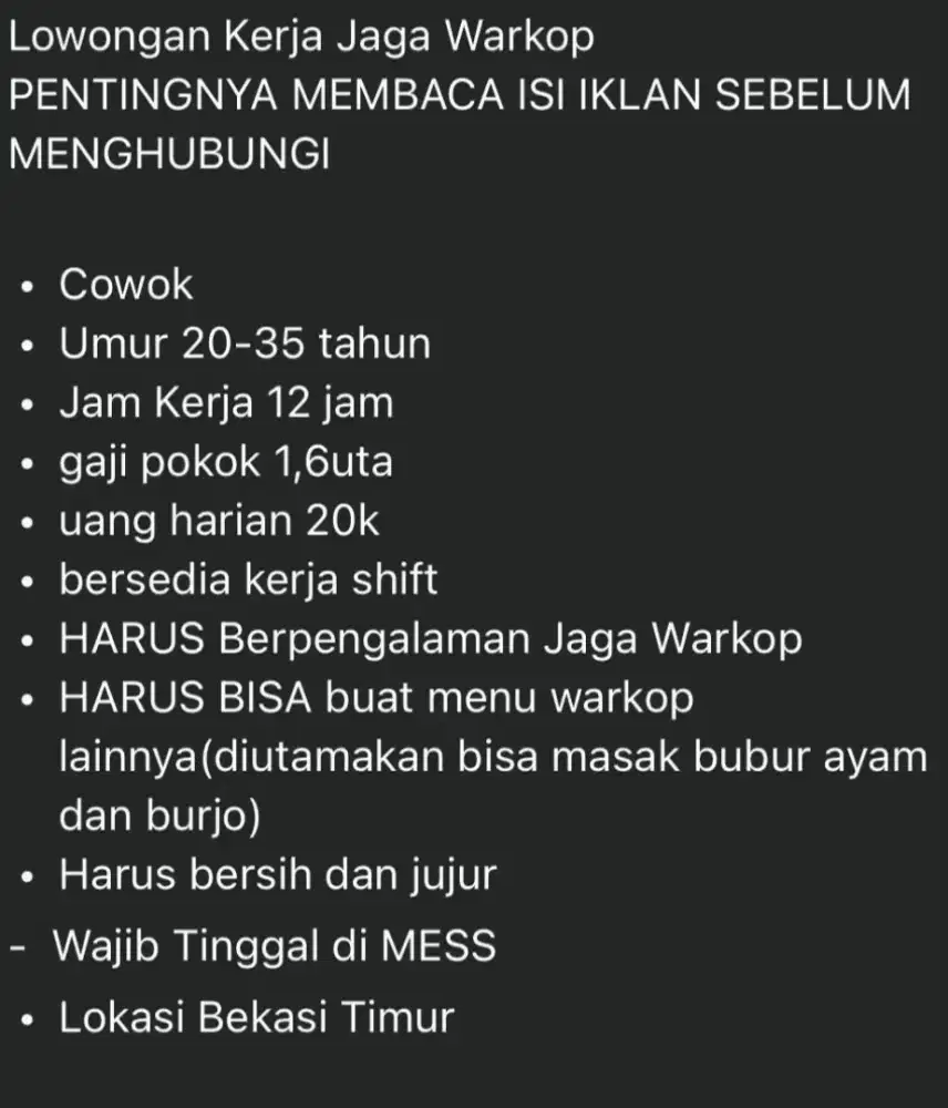 Lowongan Kerja Jaga Warkop