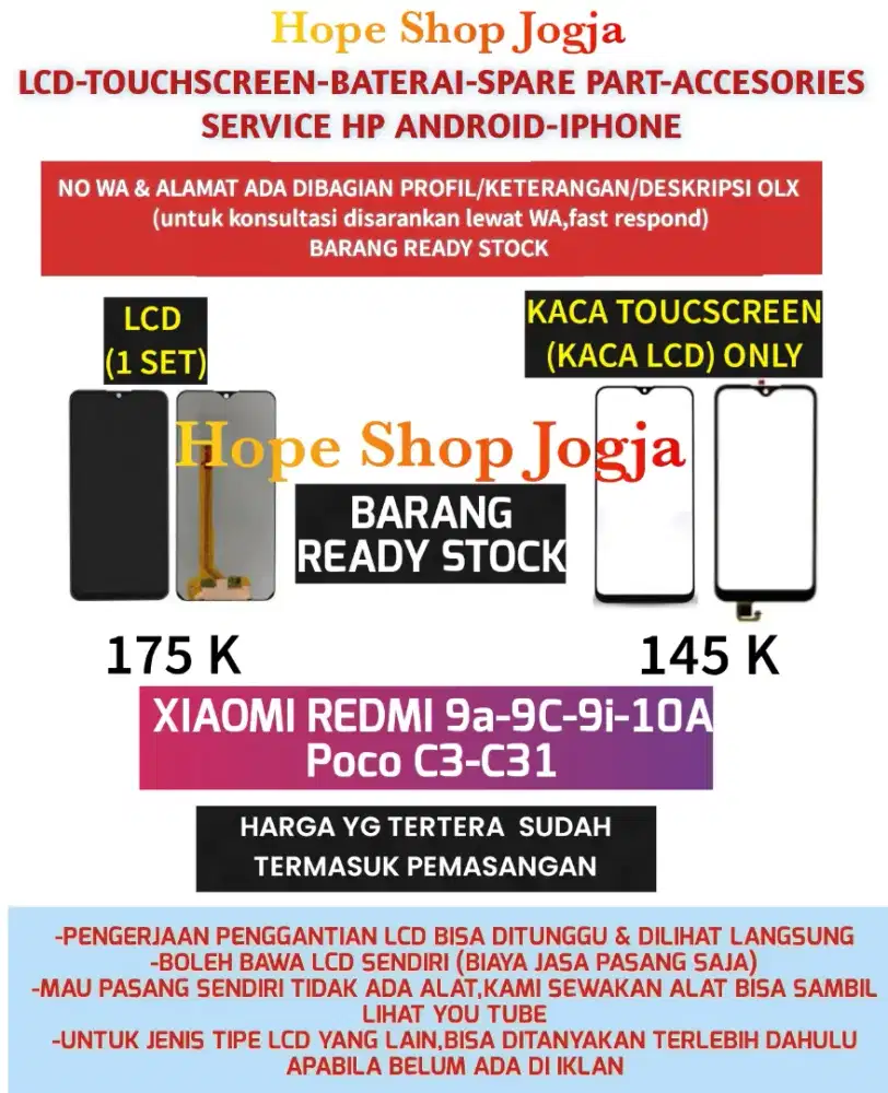 Ganti Touchscreen/Baterai-LCD Xiaomi Redmi 9A-9C-9i-10A-Poco C3-C31
