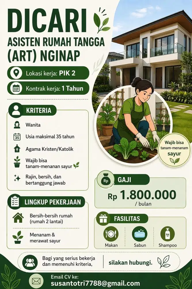 LOWONGAN KERJA LOKER ART ASISTEN RUMAH TANGGA PEMBANTU PIK 2 JAKARTA