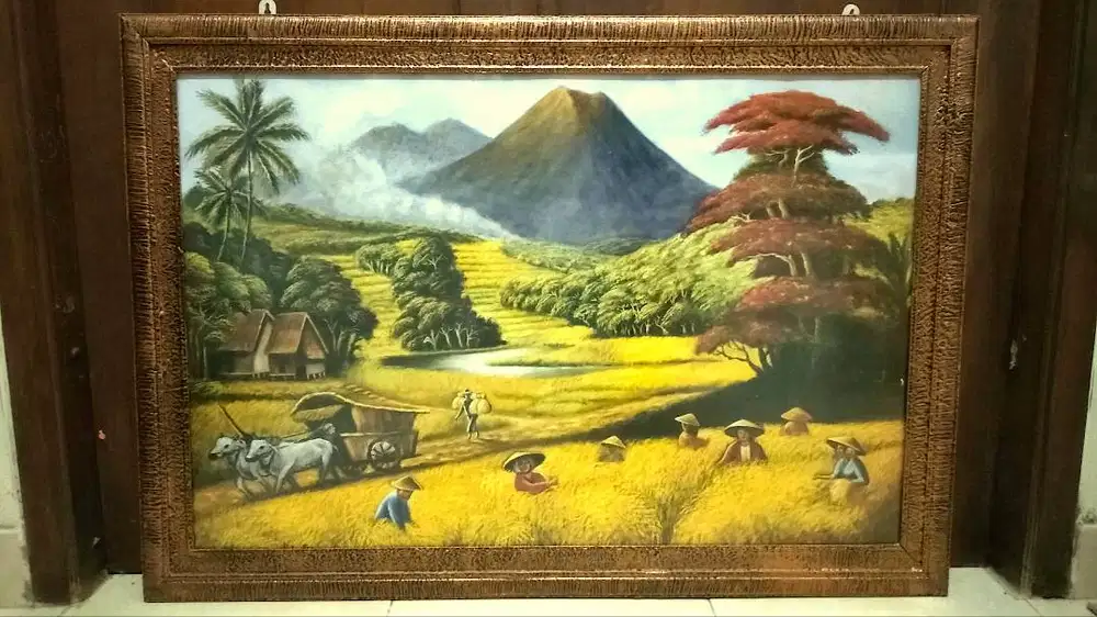 Lukisan pemandangan panen padi di pedesaan ada gerobak sapi nostalgia