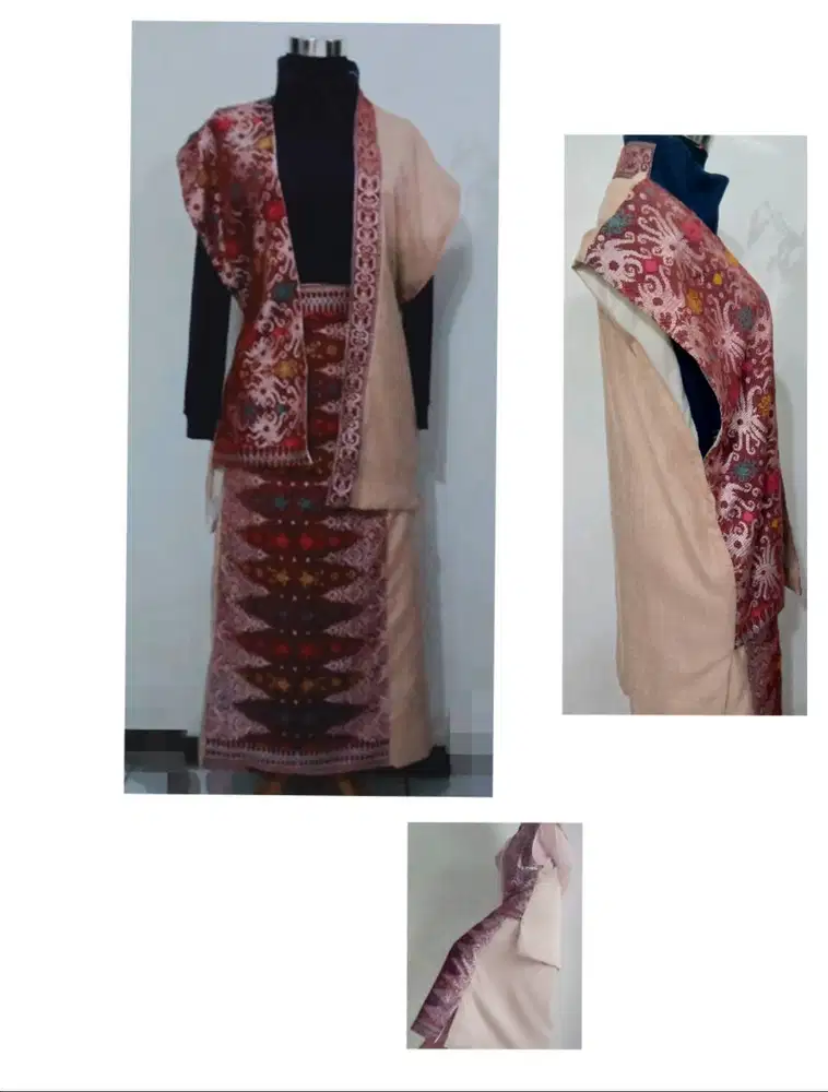 outer tanpa lengan dan rok kombinasi kain tenun