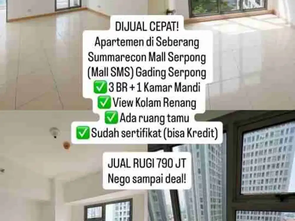Jual BU Apartemen Mtown Gading Serpong 3Br Lantai 12