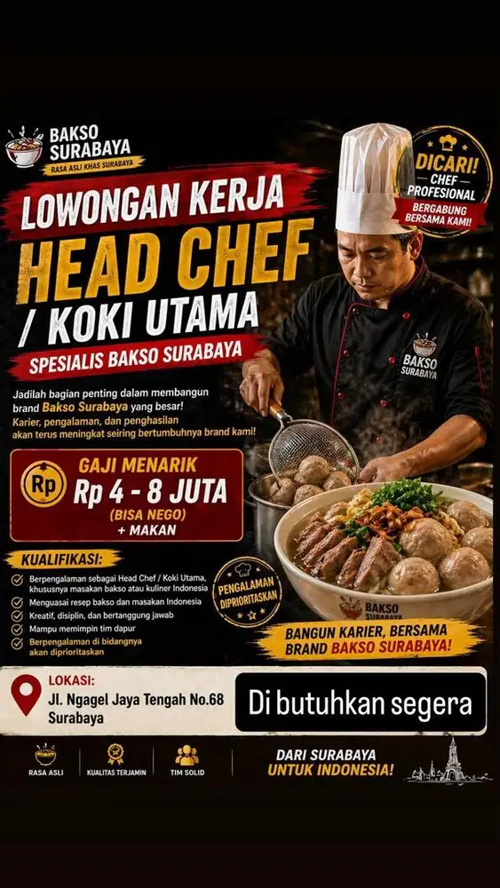 Dicari Head Chef Bakso Surabaya Gaji 4-8 Juta