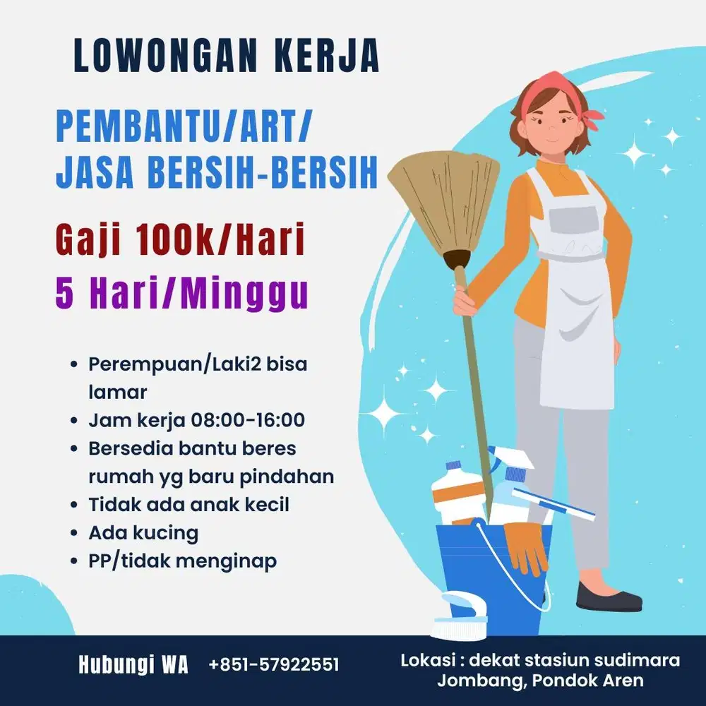 Lowongan Dicari Jasa Bersih-bersih, pembantu atau ART