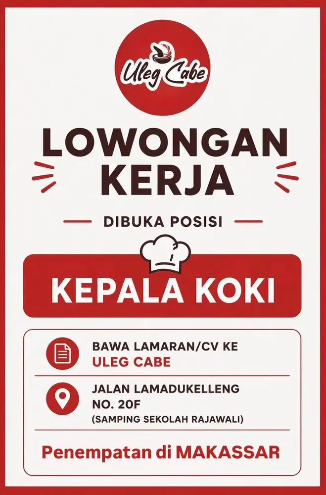 Lowongan kepala koki nusantara, jawa, penempatan di MAKASSAR