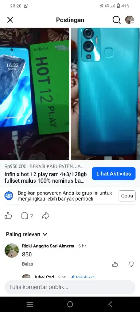 Hp Infinix hot 12 play ram 4/128 lengkap biru laut