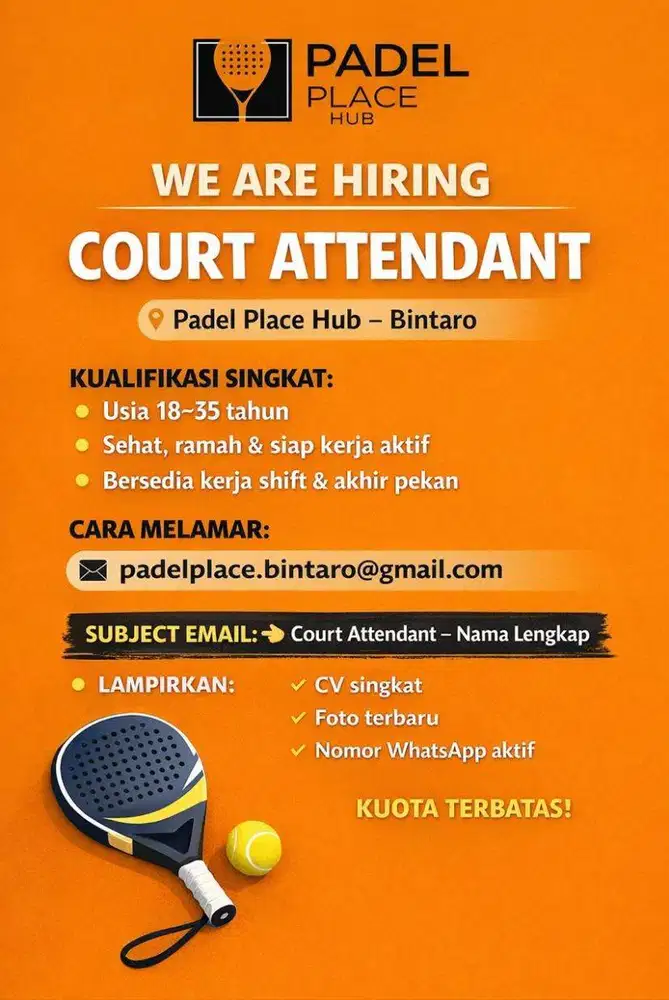 Lowongan Court Attendant – Padel Place Hub Bintaro