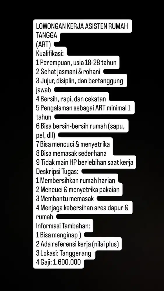 Loker ART - Asisten Rumah Tangga