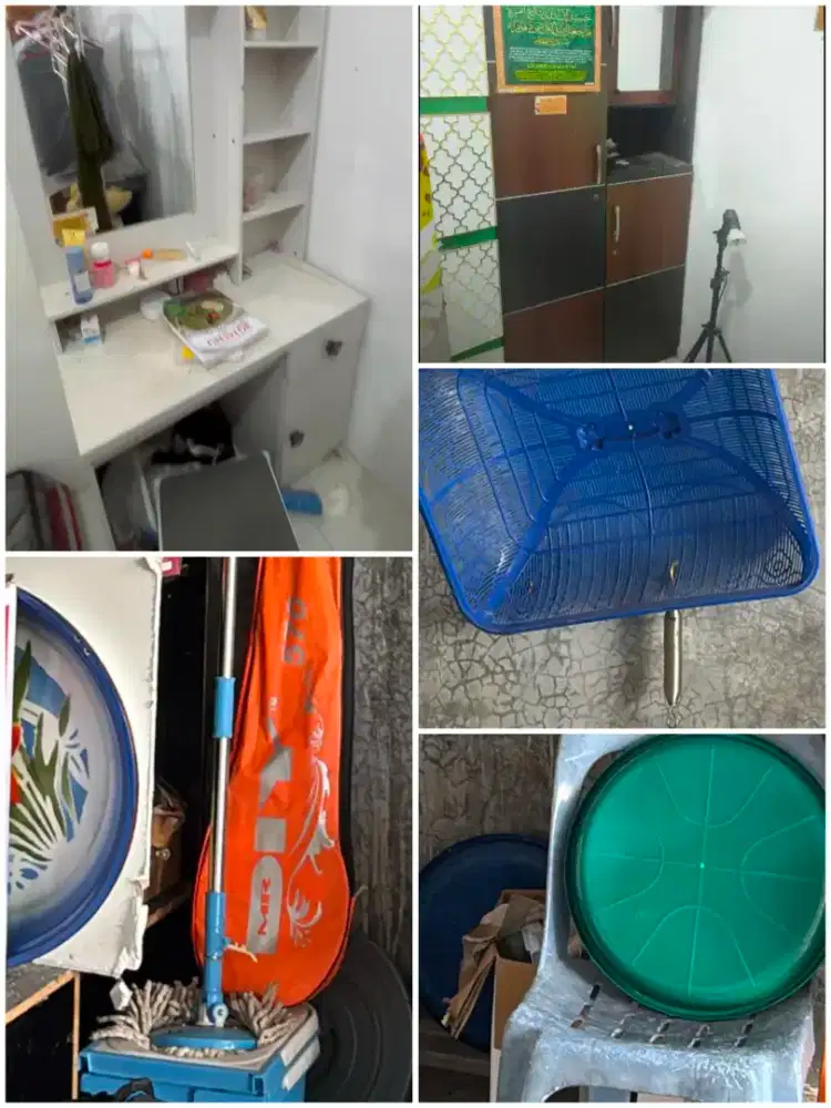 Lemari serat kayu, meja rias dan kursi, pel, tudung saji, nampan kursi