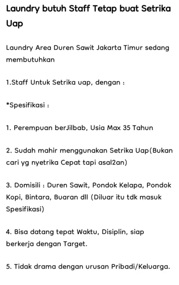 Lowongan Kerja Laundry untuk Staff Karyawan Tetap Setrika Uap