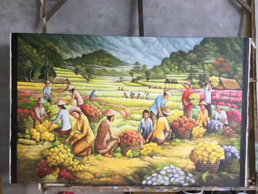 Dijual lukisan kanvas panen padi 90x130 cm