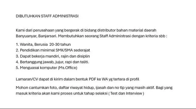 DIBUTUHKAN STAFF ADMINISTRASI