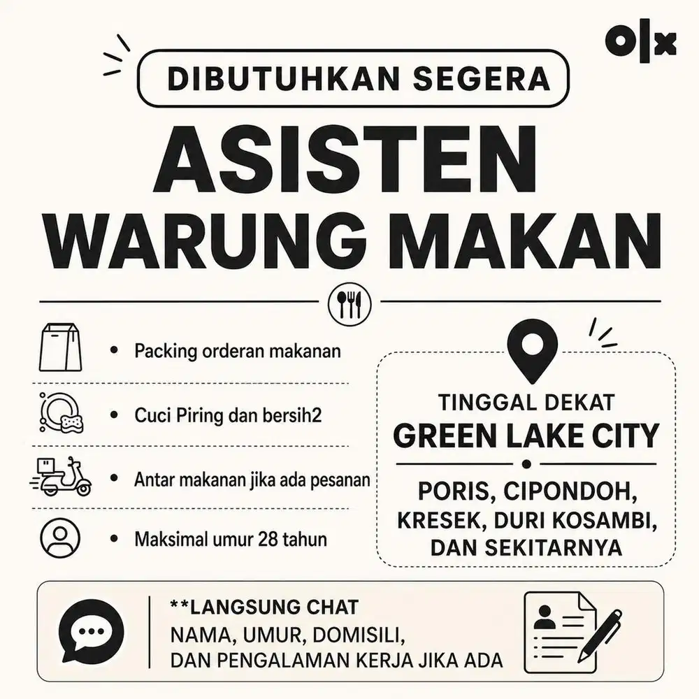 DIBUTUHKAN SEGERA - ASISTEN WARUNG MAKAN