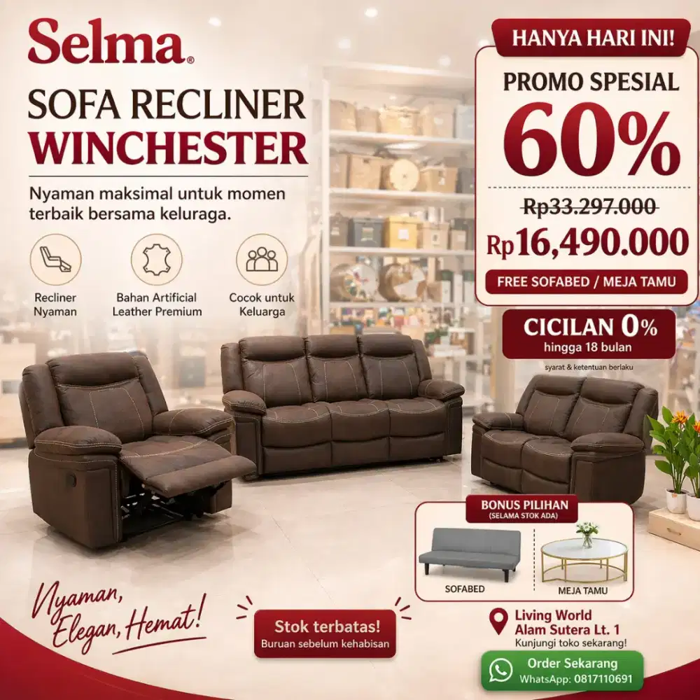DISKON 60% + BONUS SOFA BED ATAU COFFE TABLE? CUMA HARI INI DI SELMA!