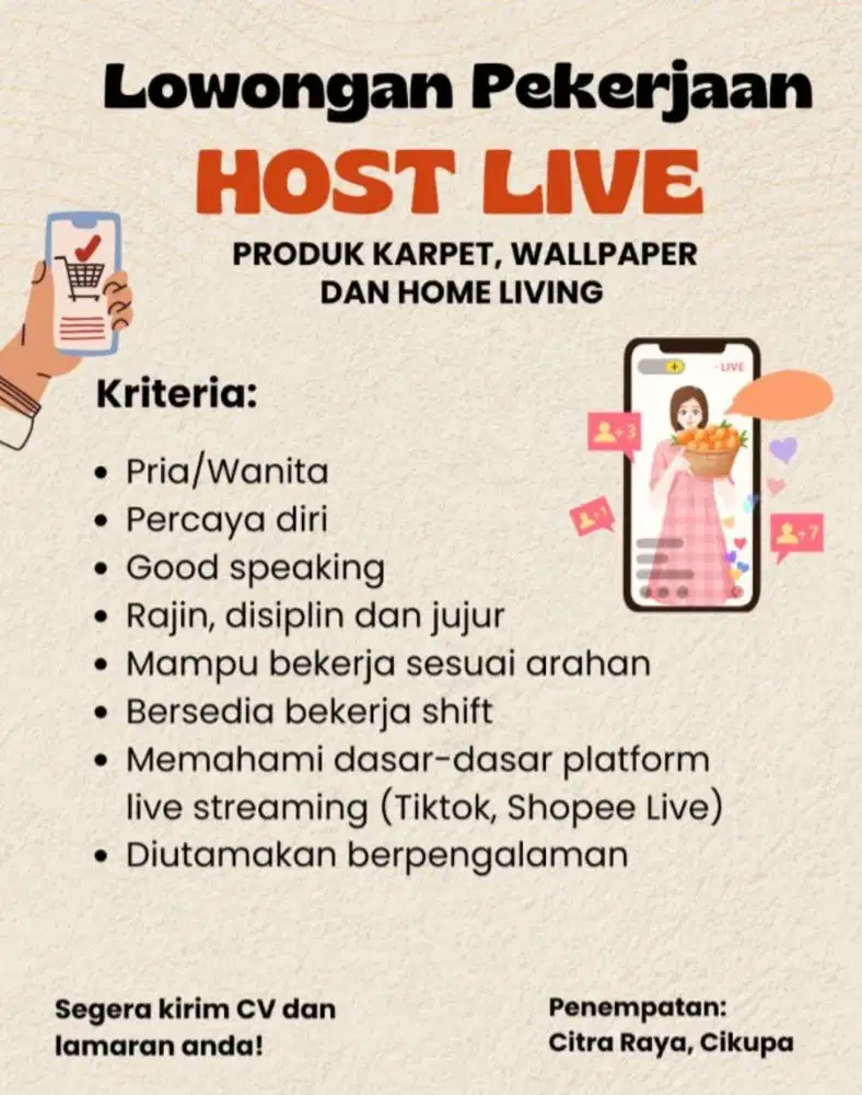dibutuhkan segera! host live tiktok,shoppe