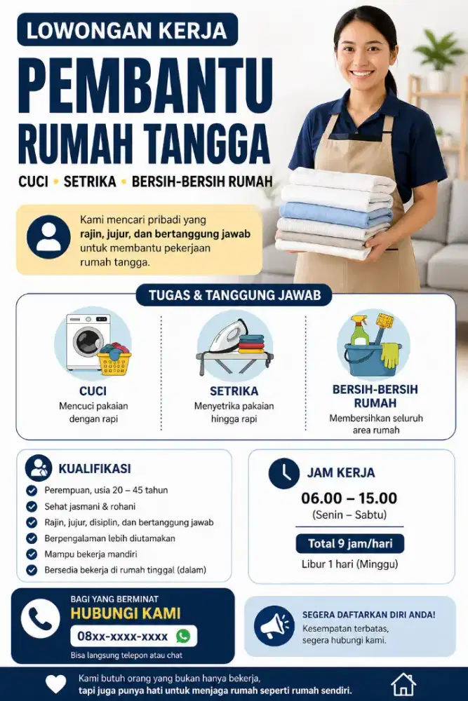Lowongan Kerja Pembantu Rumah Tangga (Cuci, Setrika, Bersih-Bersih)