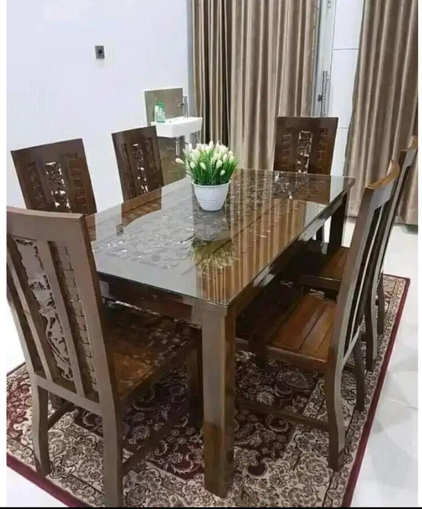 Meja makan kepang kayu jati/ set meja makan ukir