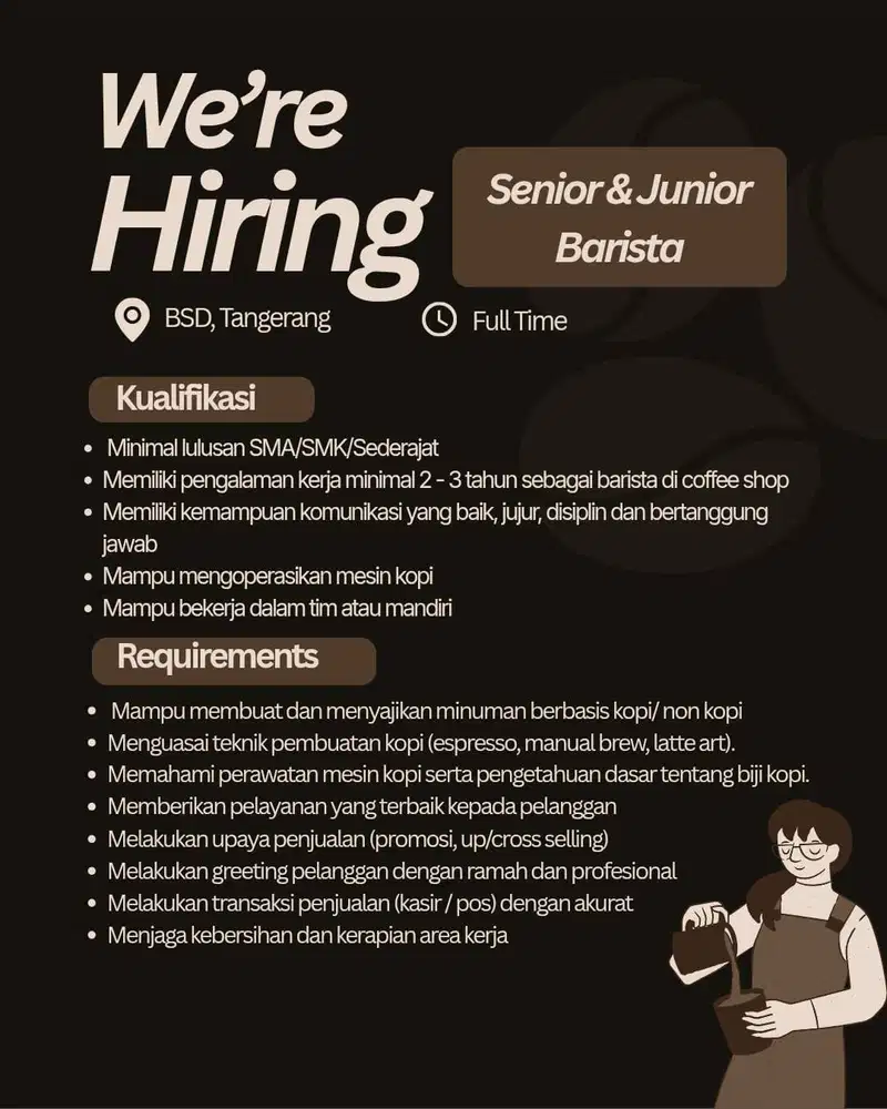 WE'RE HIRING SENIOR & JUNIOR BARISTA - BSD, Tangerang - Full Time