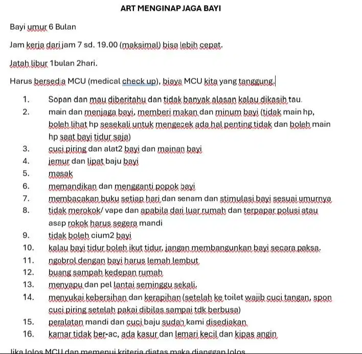 ART Momong Bayi Menginap