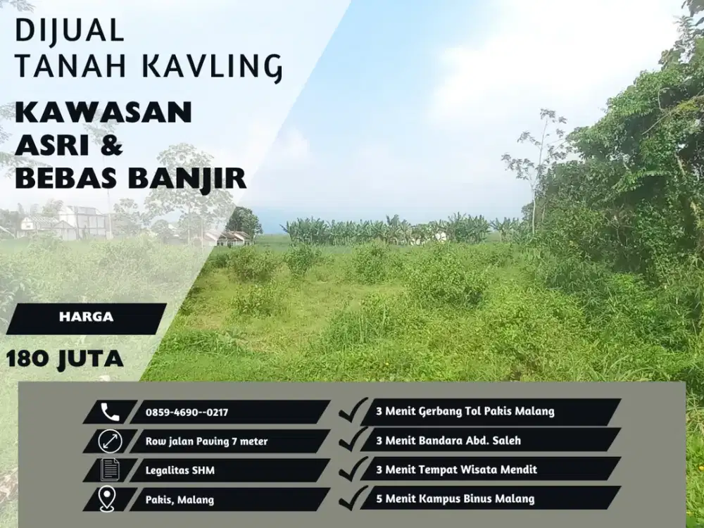 Tanah Kavling Dijual 3 Menit Exit Tol Pakis Malang SHM On Hand Untuk Dibangun Rumah