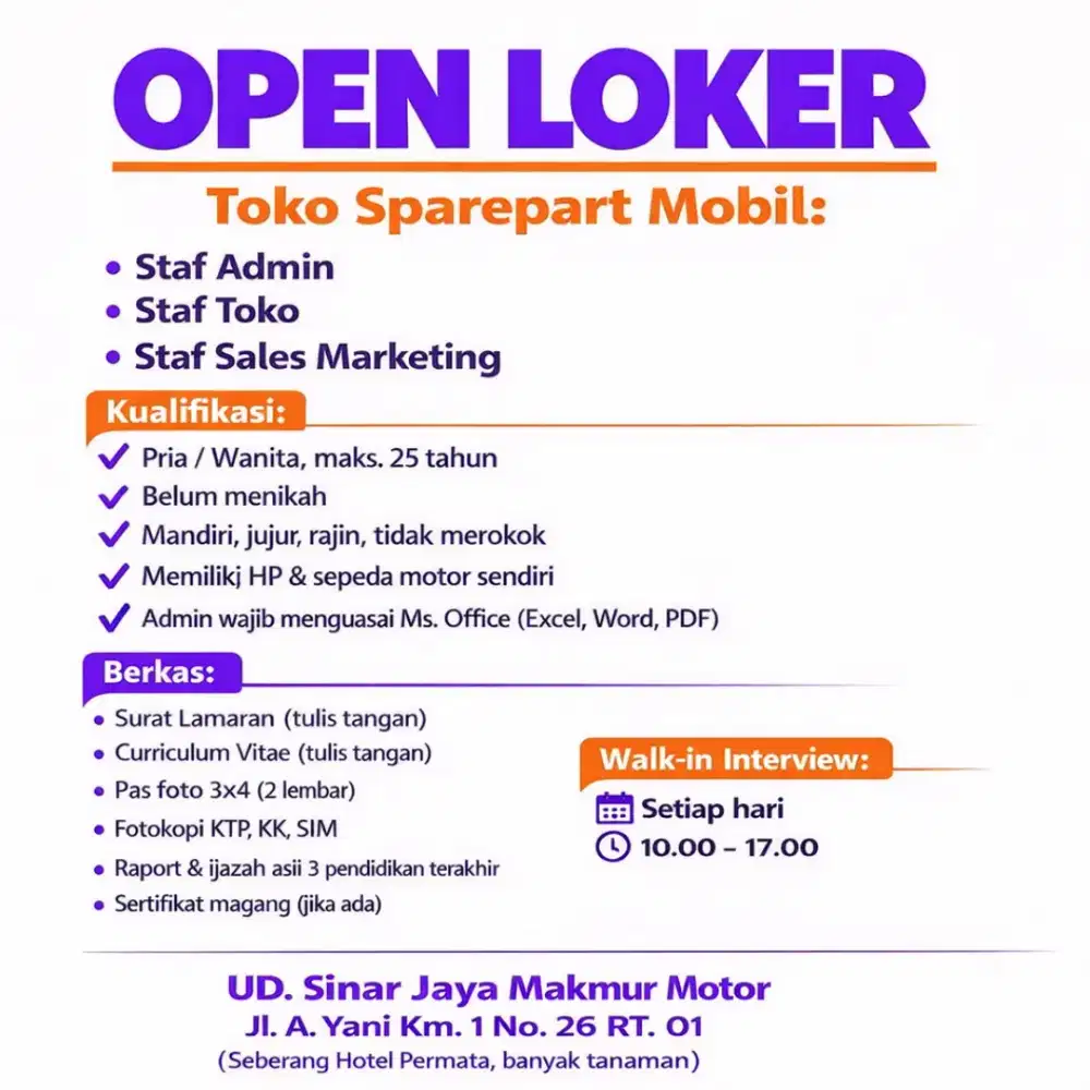 Loker Toko Sparepart Mobil