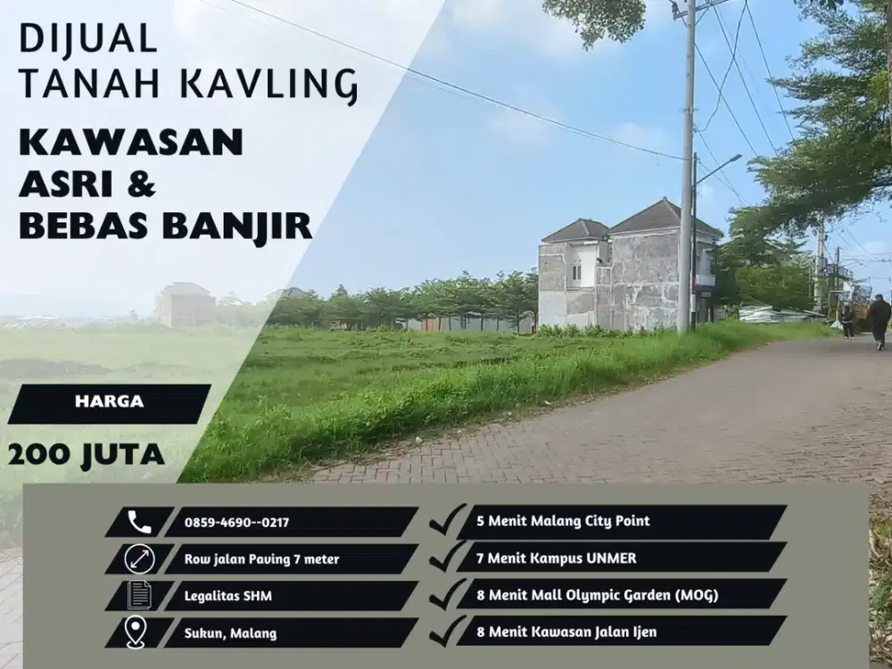 5 Menit Kampus UNIKAMA Malang Untuk Dibangun Rumah SHM Split Jual Tanah