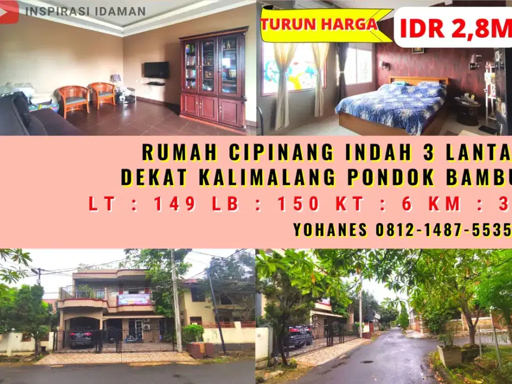 Rumah Cipinang Indah 3 Lantai Dekat Kalimalang Pondok Bambu