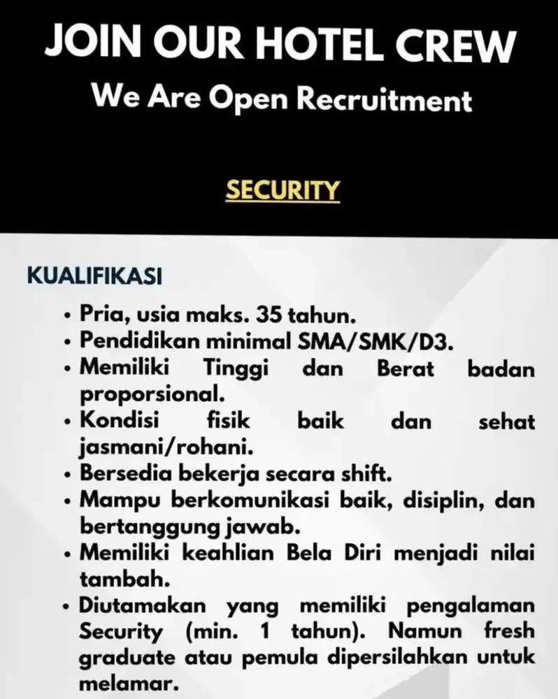 Dibutuhkan Segera Security Hotel