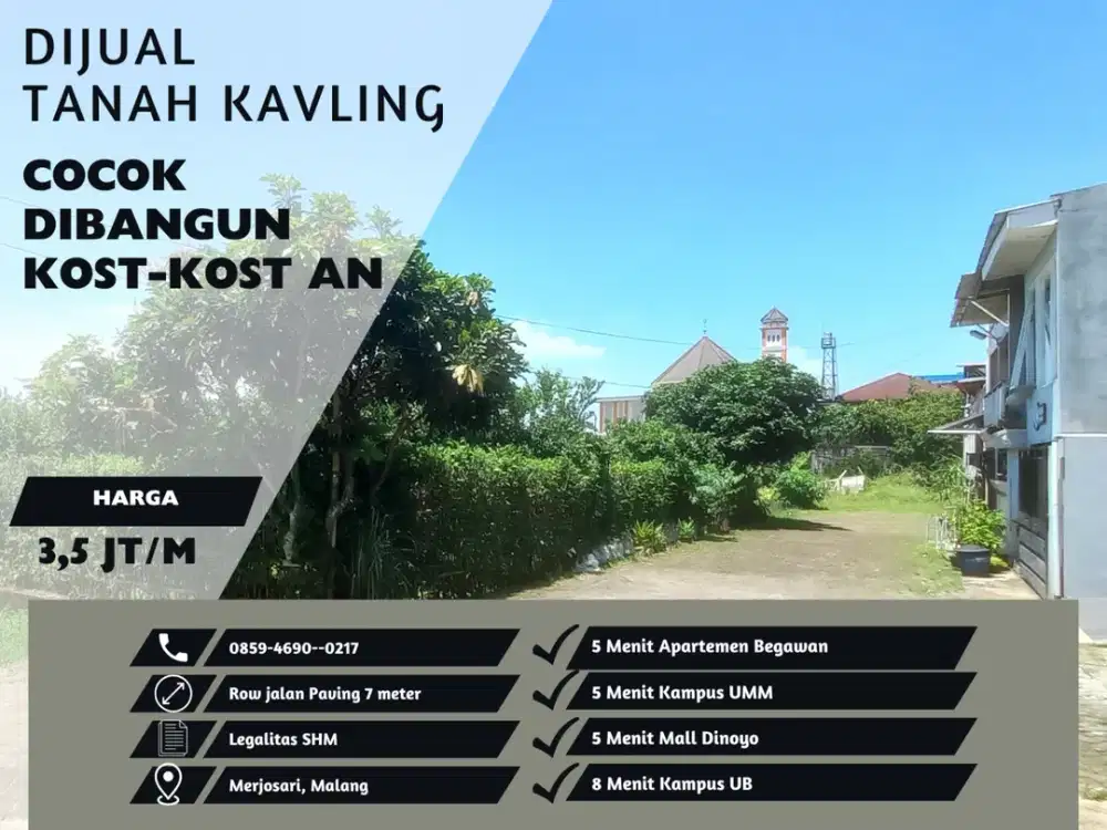 Lebar Jalan 6 Meter Tanah Dijual 5 Menit Kampus Brawijaya Malang Cocok Dibangun Kost