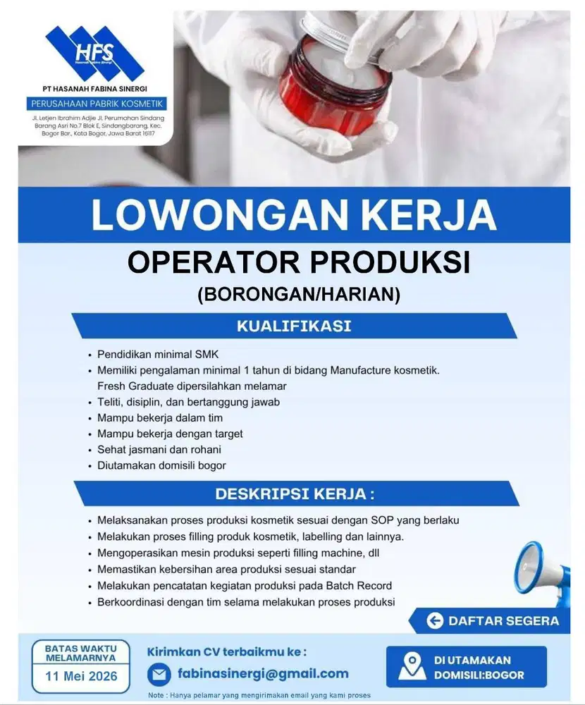 LOKER OPERATOR PRODUKSI (BORONGAN/HARIAN LEPAS)