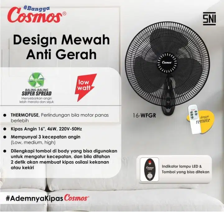 Kipas Angin Dinding Cosmos 16 inci + Remote Bekas