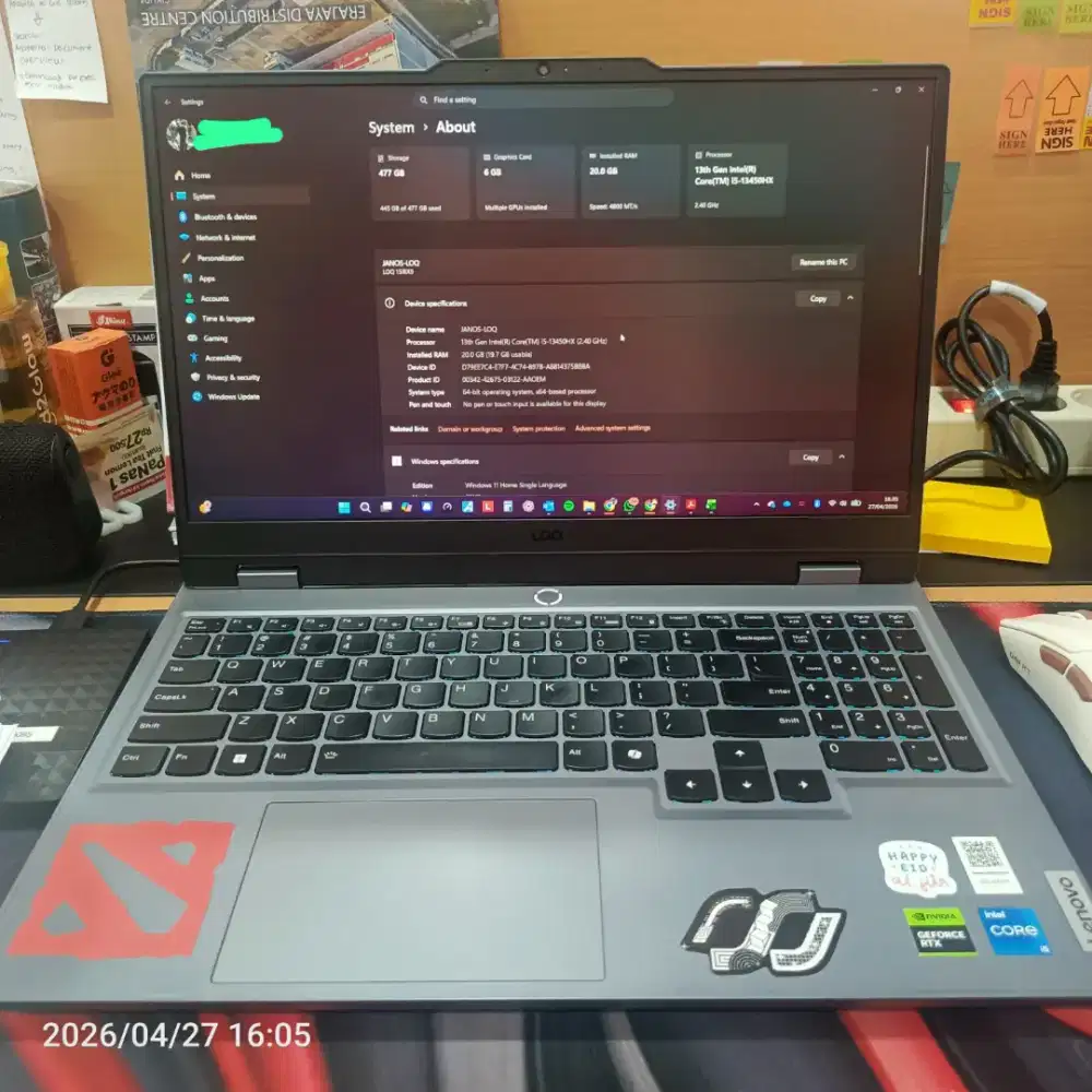 Laptop Lenovo LOQ I5 13450HX DDR5 20GB SSD 512GB RTX 3050 6GB