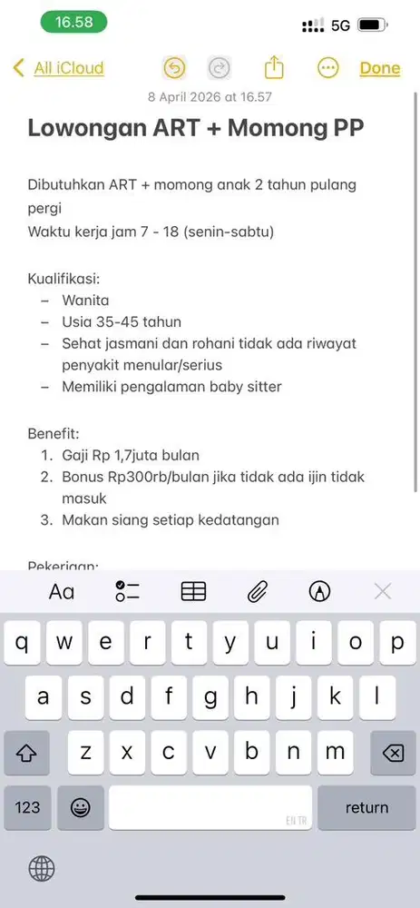 Dibutuhkan ART + Momong PP Gaji Rp1,7 + Bonus Rp300rb (jika masuk full