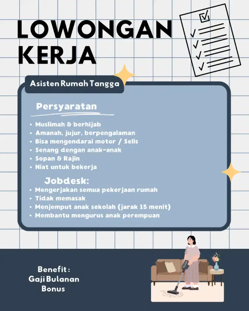 DIBUTUHKAN ASISTEN RUMAH TANGGA