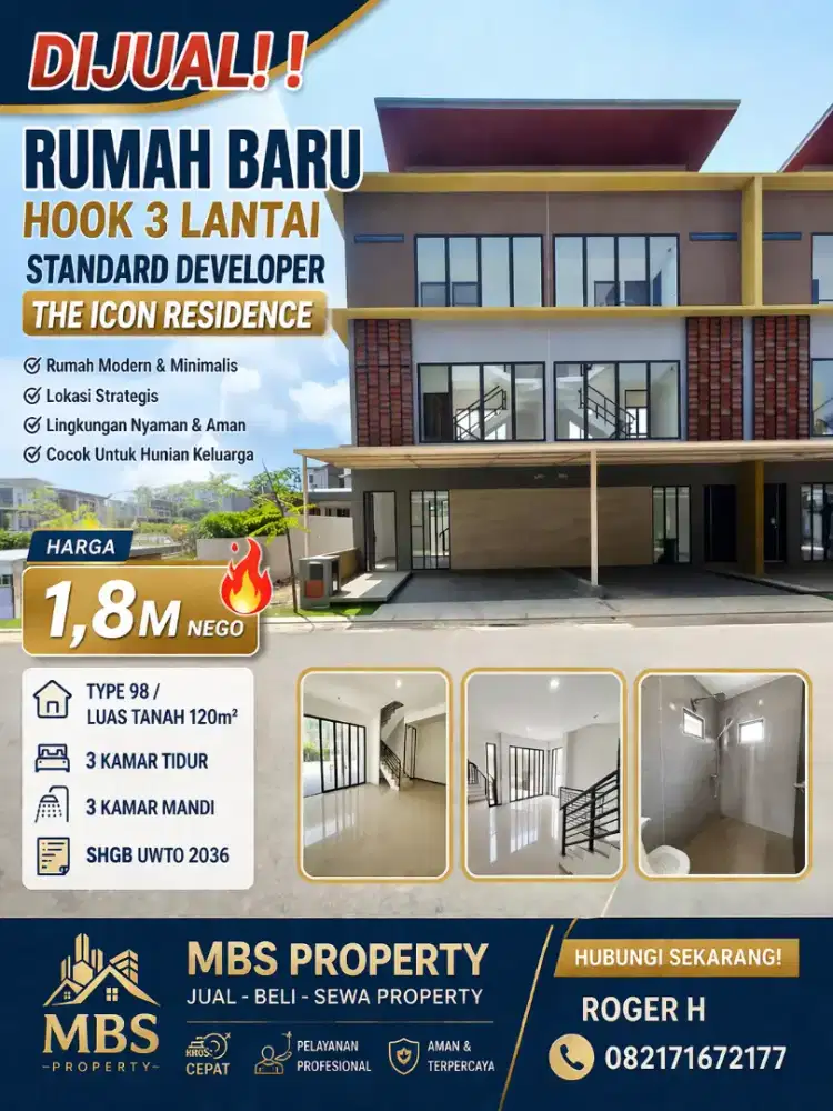 DIJUAL
Rumah Baru Hook 3Lantai Standard Developer THE ICON RESIDENCE