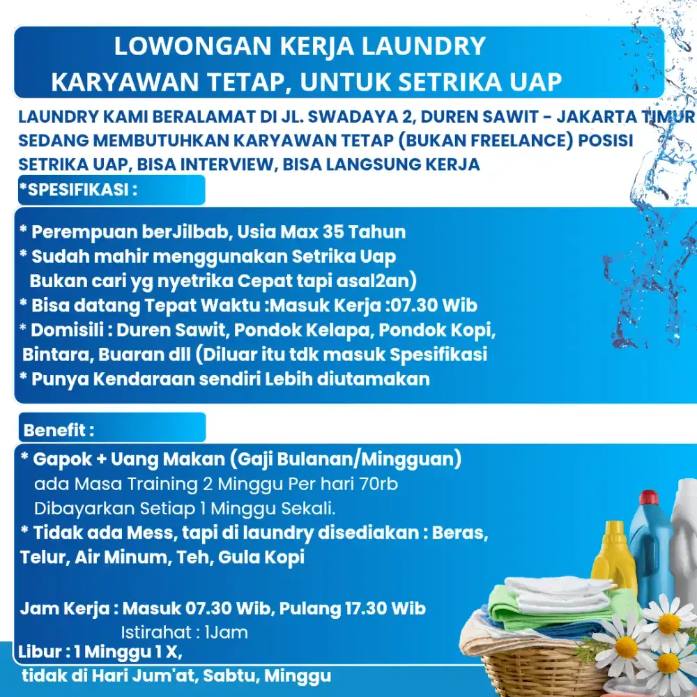 Lowongan Kerja Laundry untuk Staff Karyawan Tetap Setrika Uap