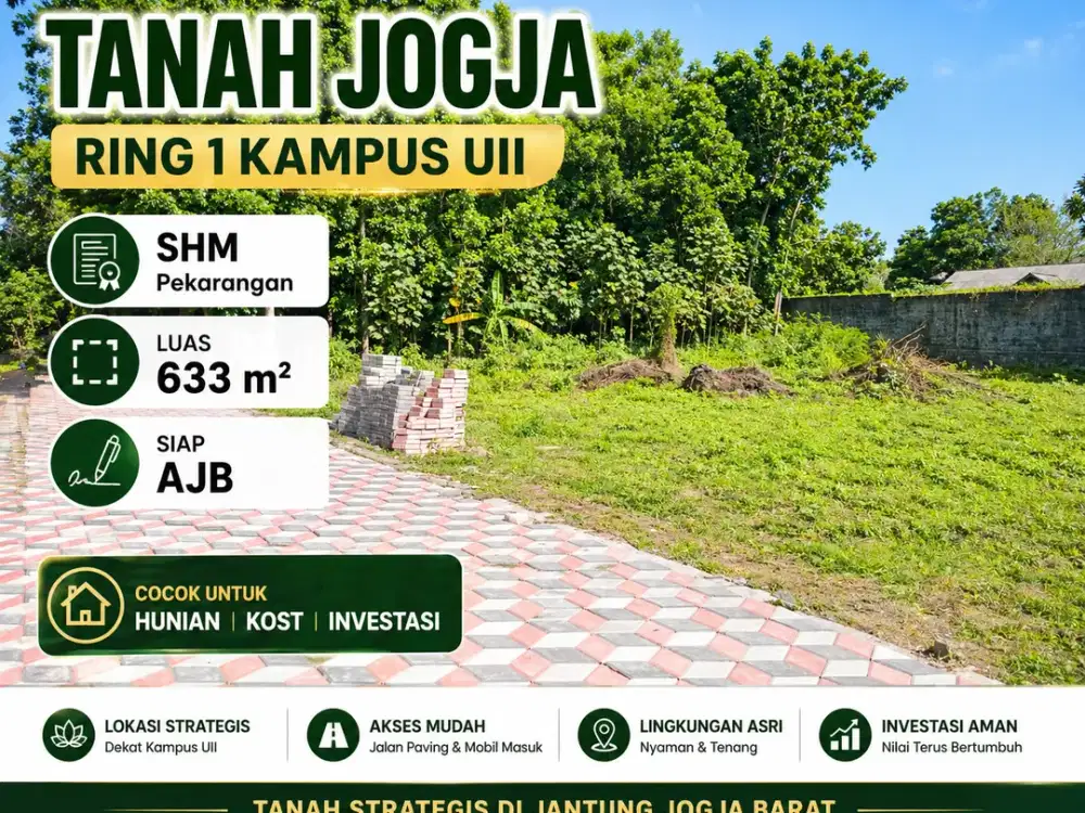 SHM Pekarangan Luas 633 M2 Siap AJB Tanah Jogja Ring 1 Kampus UII