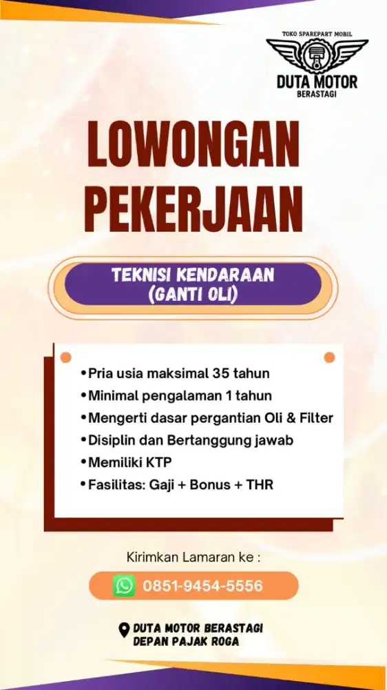 Loker! Pegawai pria di bengkel mobil