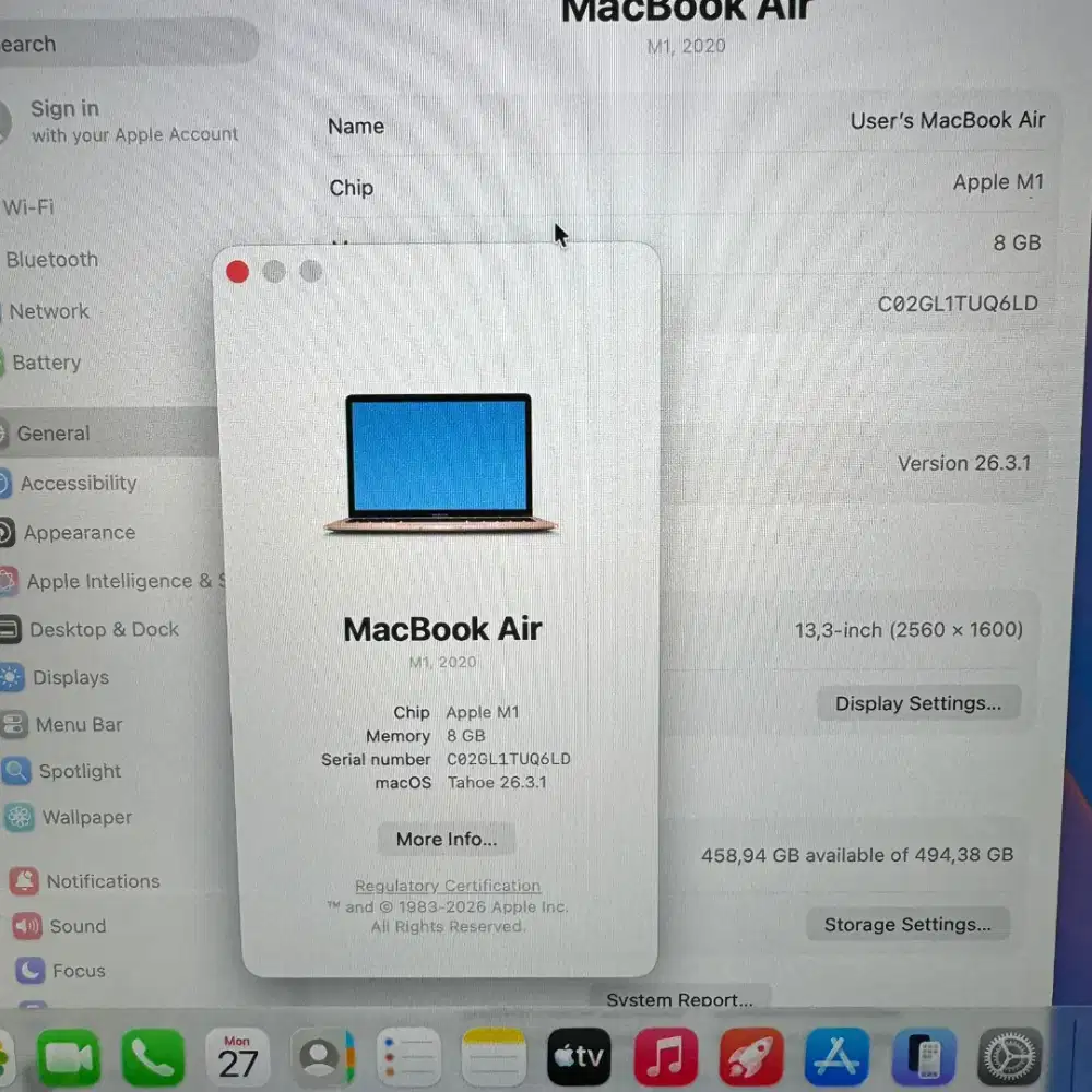 Macbook Air M1 13 Inch Ram 8 Ssd 512 lengkap full set Rose gold desain