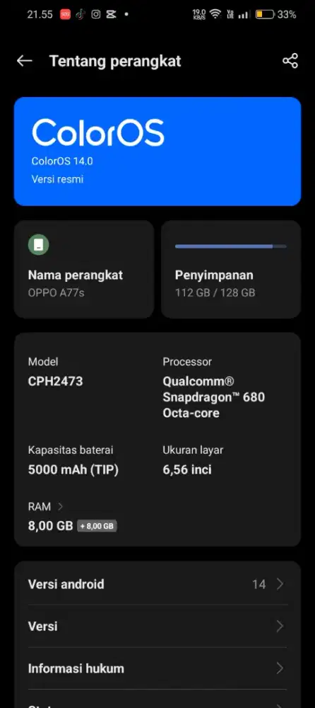 Hp Oppo a77s ram8/128